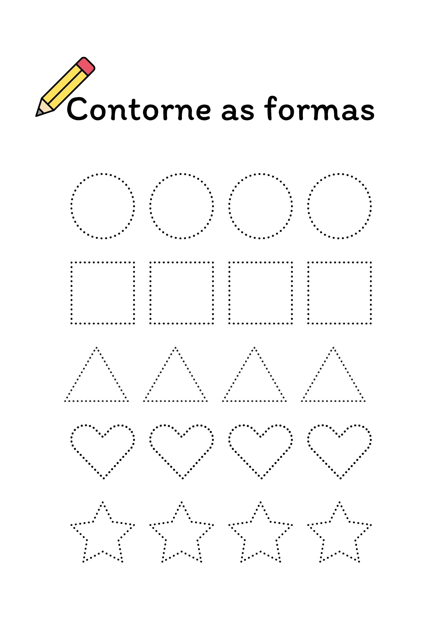 Página para contornar formas: círculos, quadrados, triângulos, corações e estrelas