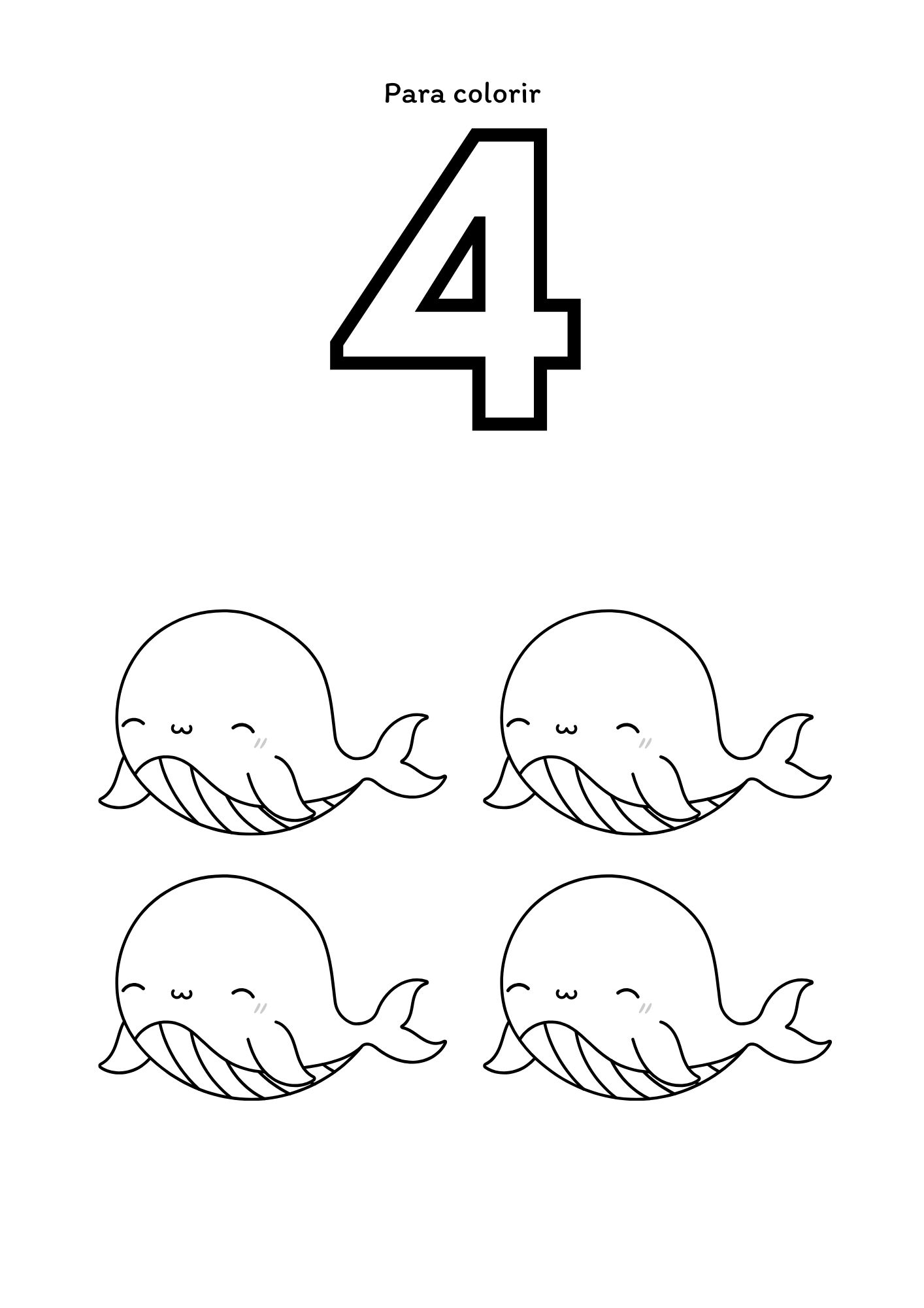 Página para contar e colorir: número 4 com baleias