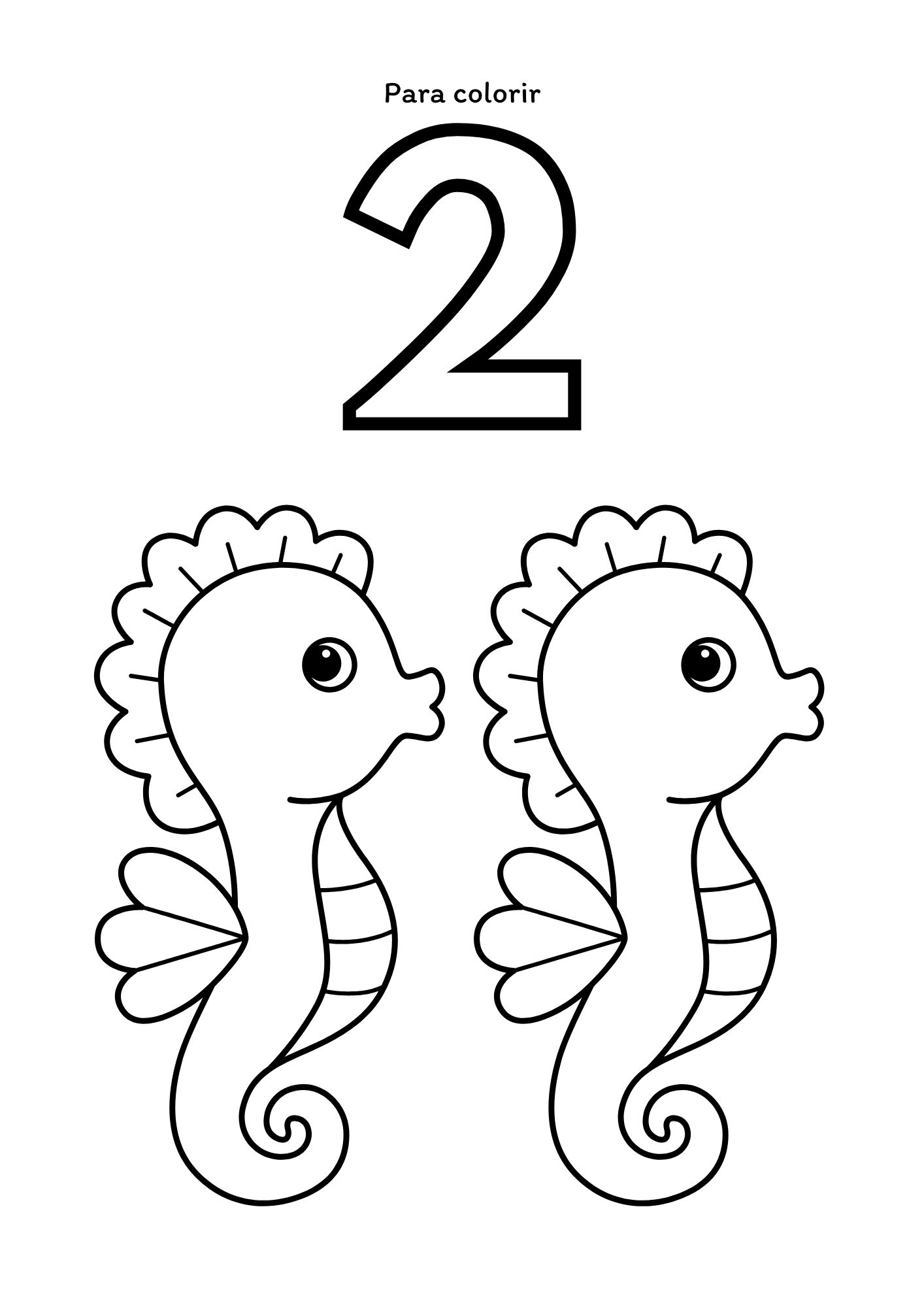 Página para contar e colorir: número 2 com cavalos-marinhos