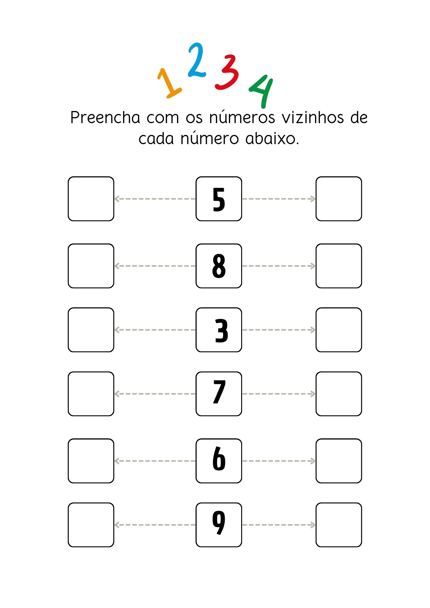 Página de números: os números vizinhos de 5, 8, 3, 7, 6 e 9