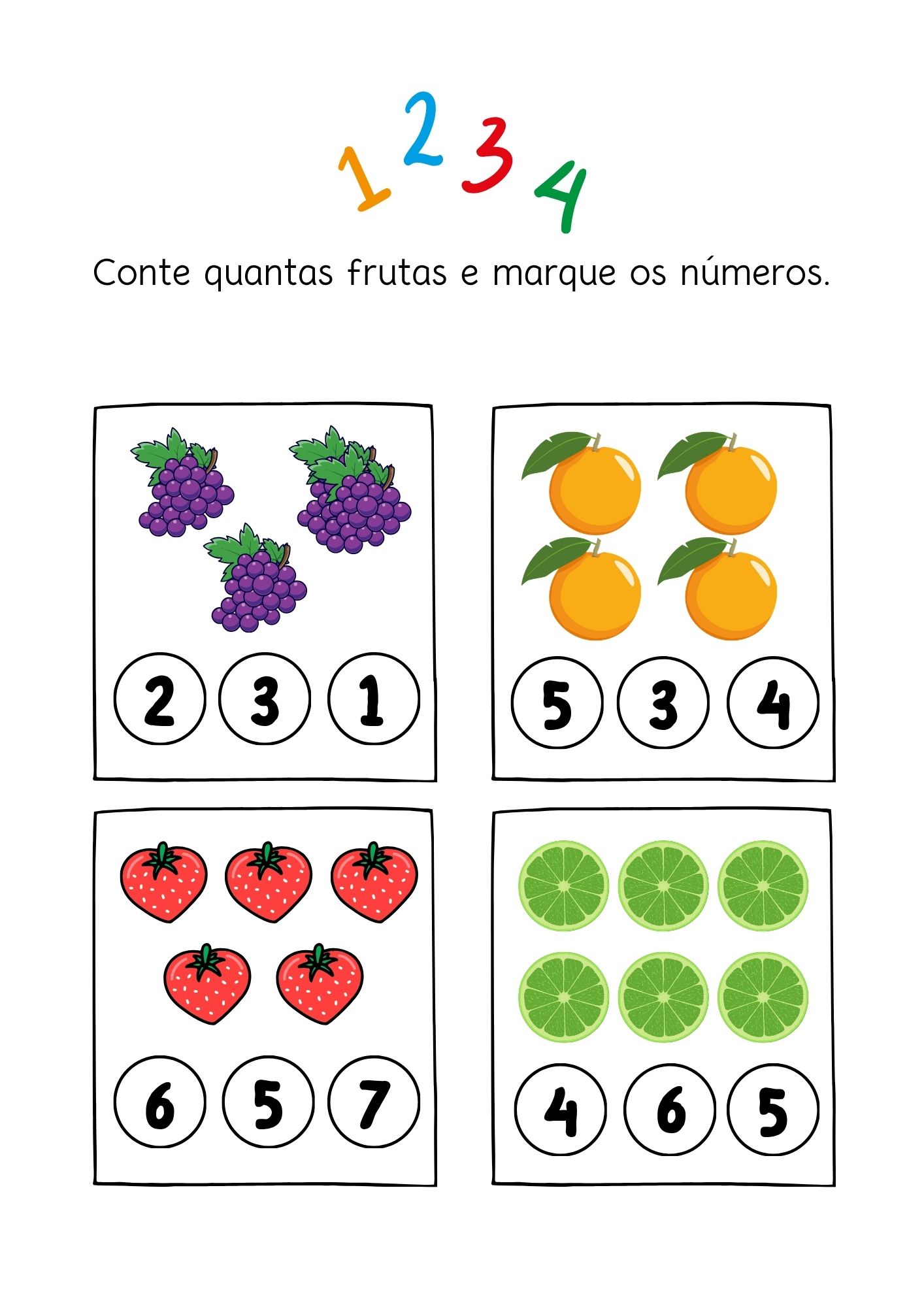Página de números: as frutas: uvas, laranjas, morangos e limões