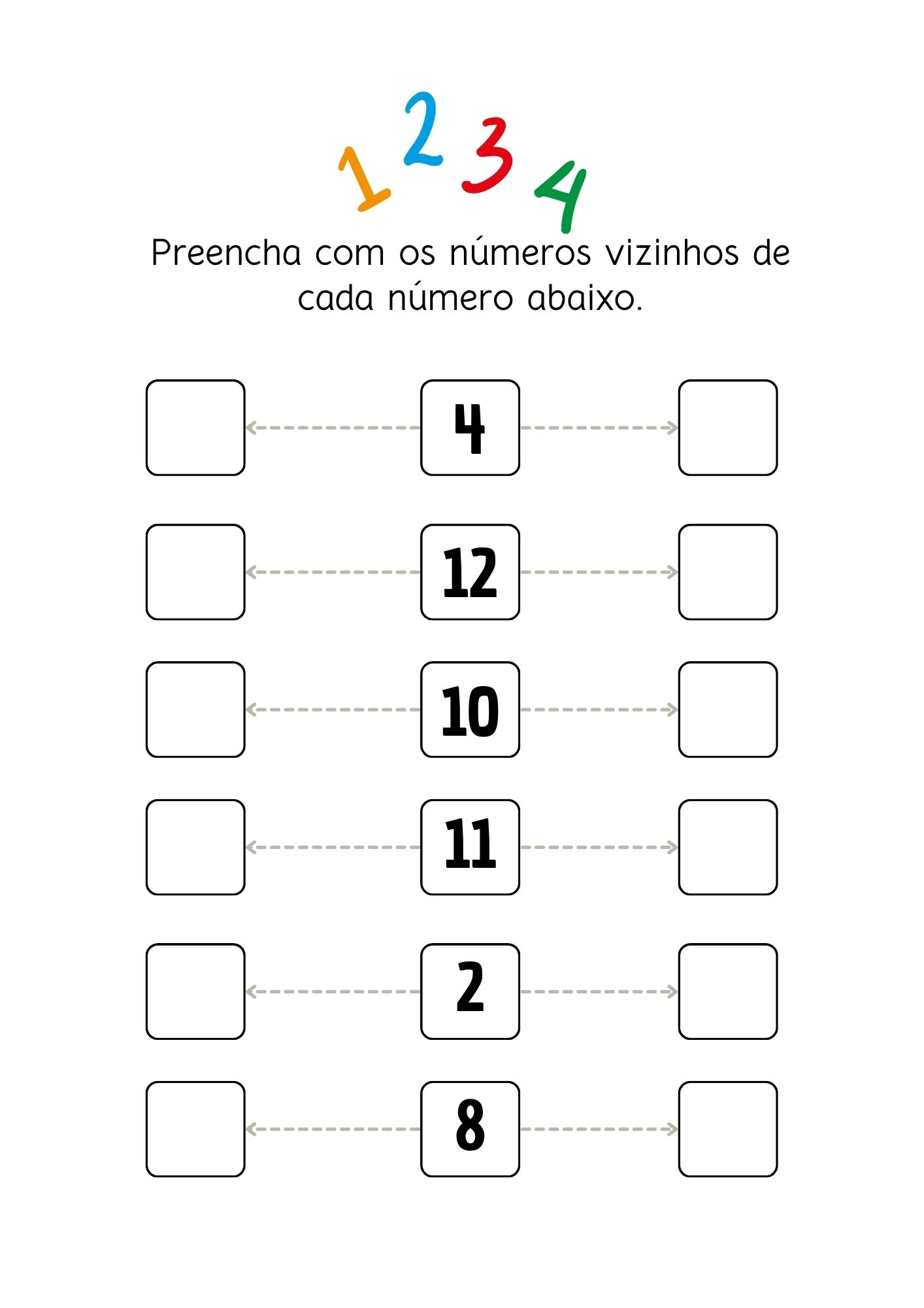 Página de números: os números vizinhos até o 12