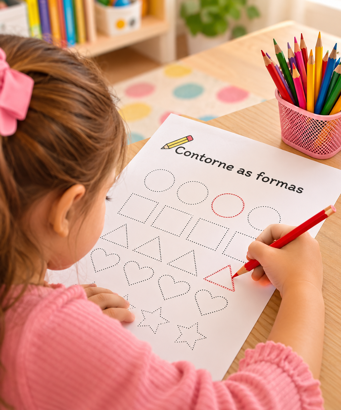 Menina contornando formas coloridas em uma folha de atividade