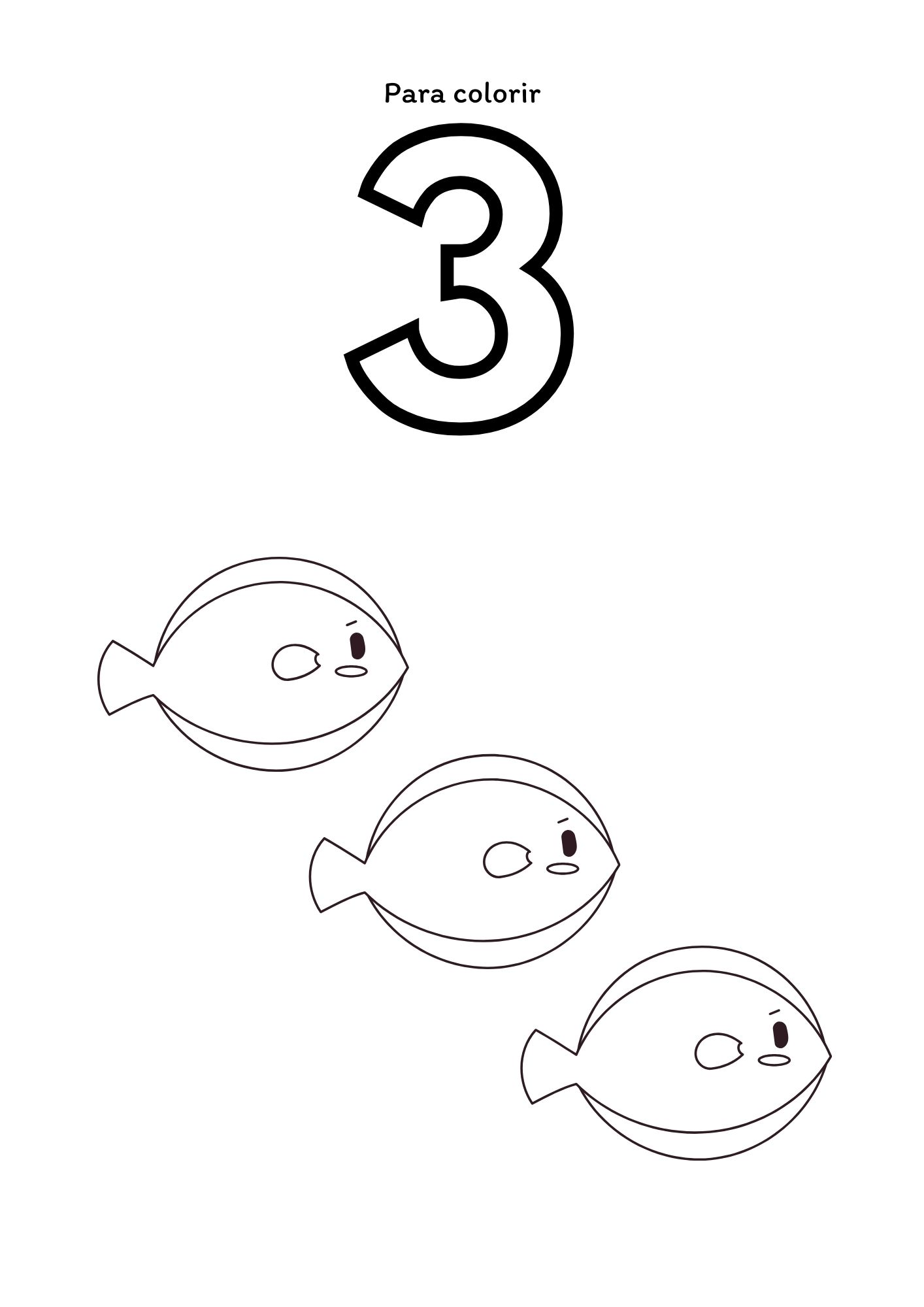 Página para contar e colorir: número 3 com peixes