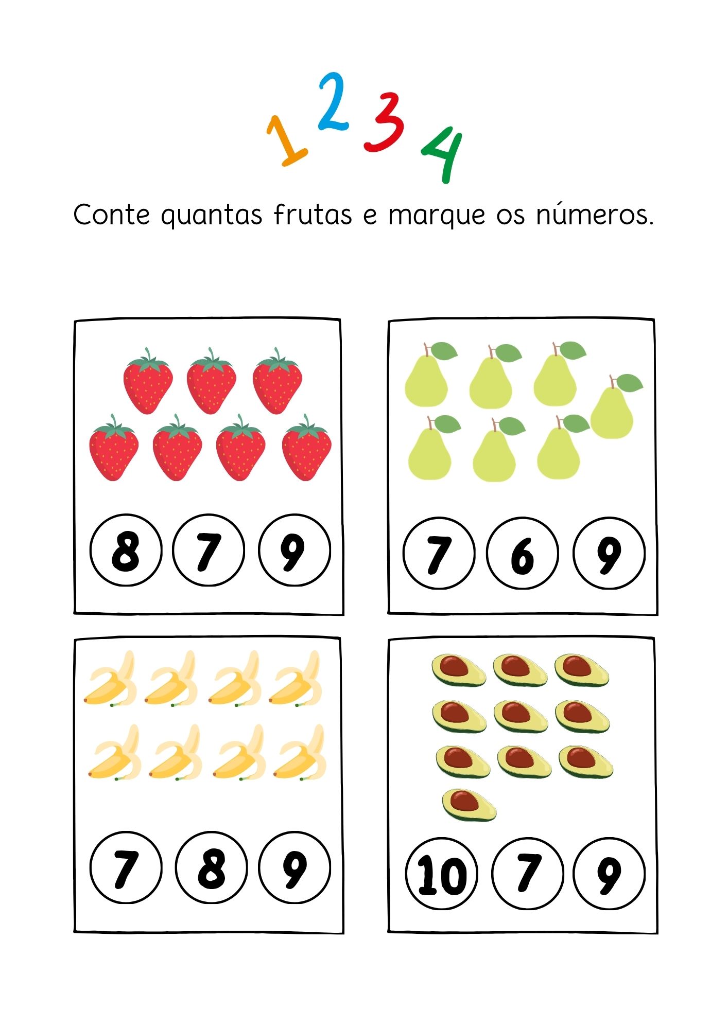 Página de números: as frutas: morangos, peras, bananas e abacates