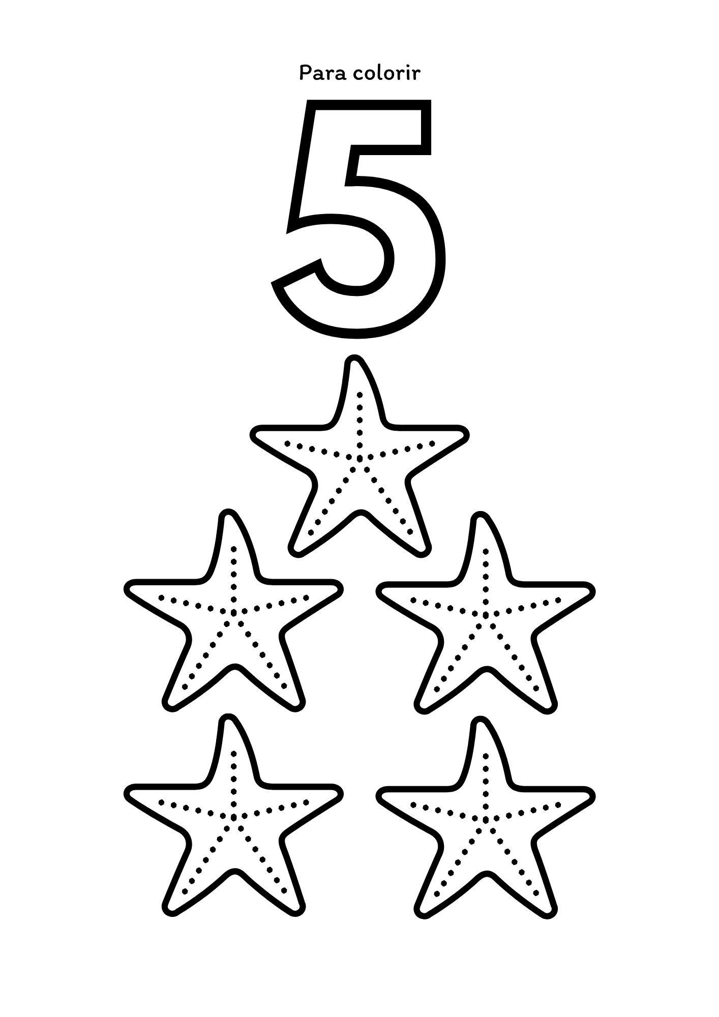 Página para contar e colorir: número 5 com estrelas-do-mar