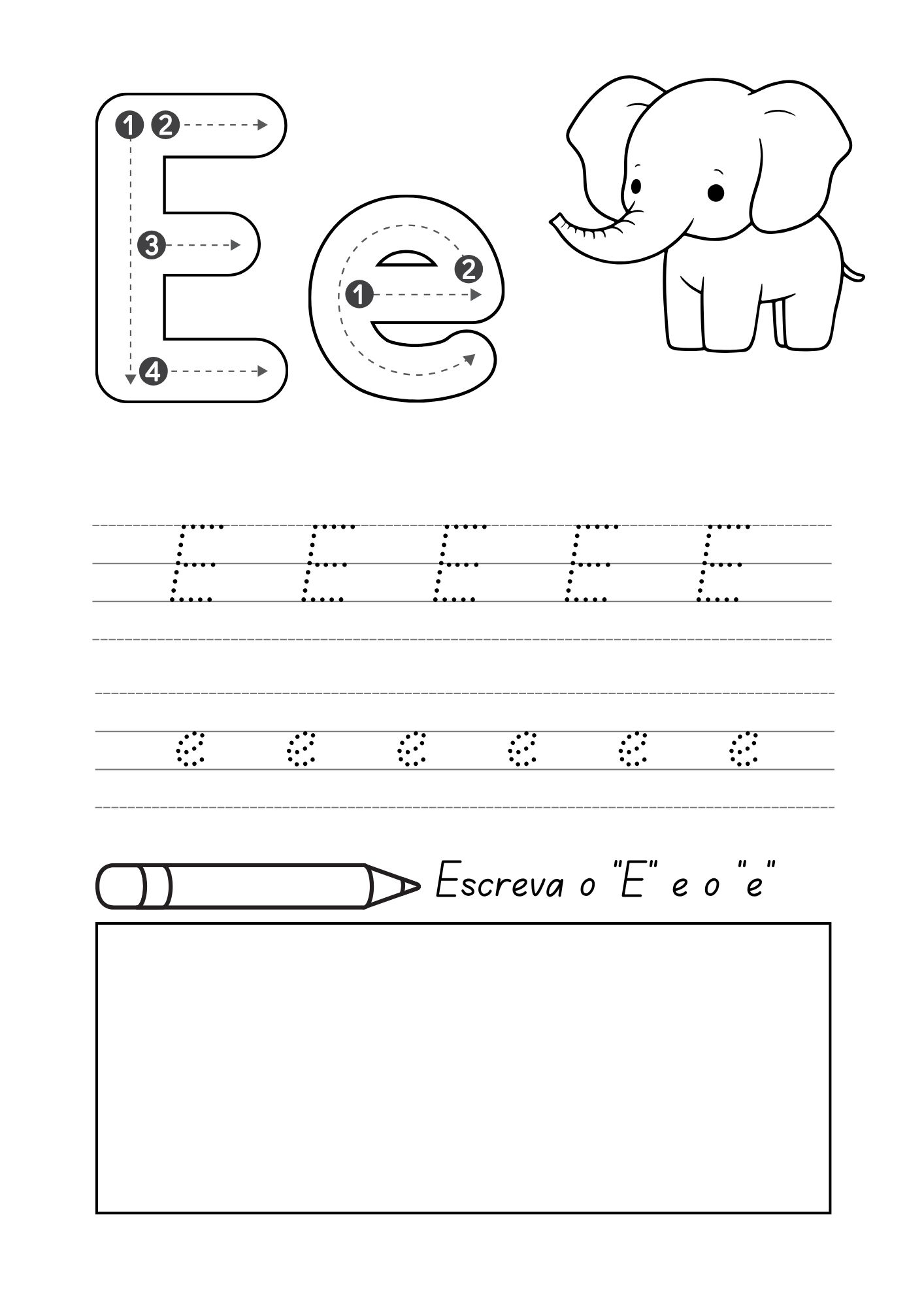 Página para escrever a letra E de elefante